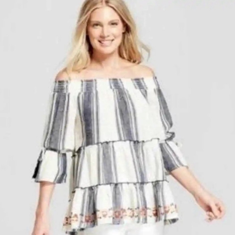 Knox Rose Linen blend embroidered off shoulder top striped cream/blue SZ XL